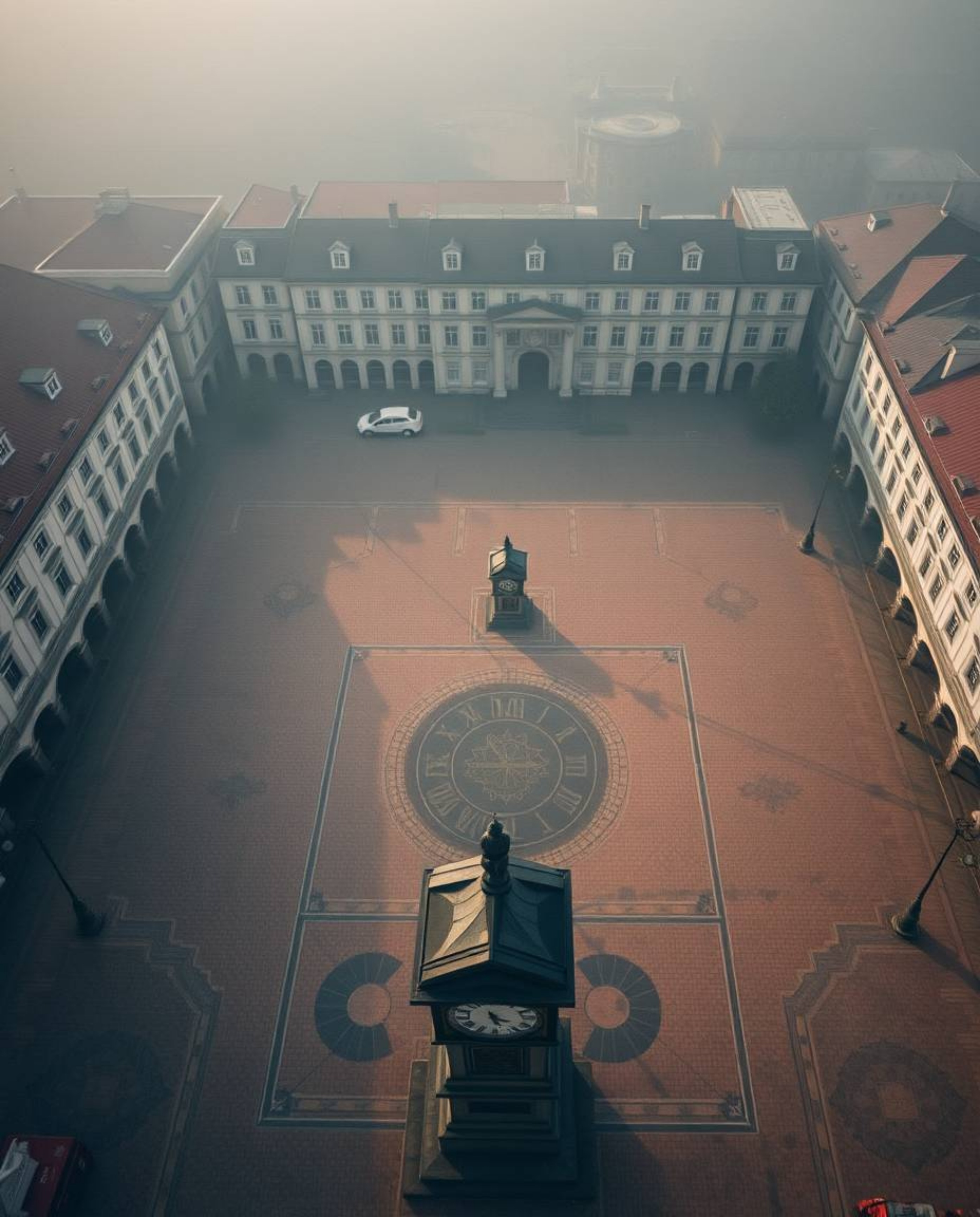 An overhead bird's-eye view showcases an eerily empty town square, punctuated only by the sound of ticking clocks. The absenc
