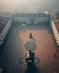 An overhead bird's-eye view showcases an eerily empty town square, punctuated only by the sound of ticking clocks. The absenc