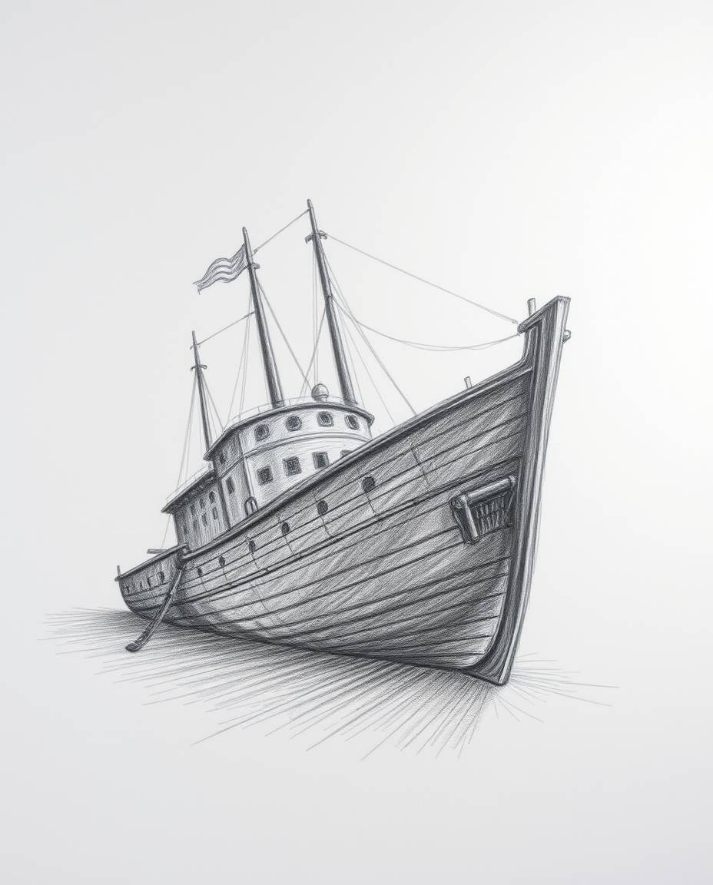 A hand-drawn sketch depicting a shipwreck illuminated deep underwater, showcasing gentle soft light and diffused shadows. The