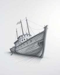 A hand-drawn sketch depicting a shipwreck illuminated deep underwater, showcasing gentle soft light and diffused shadows. The
