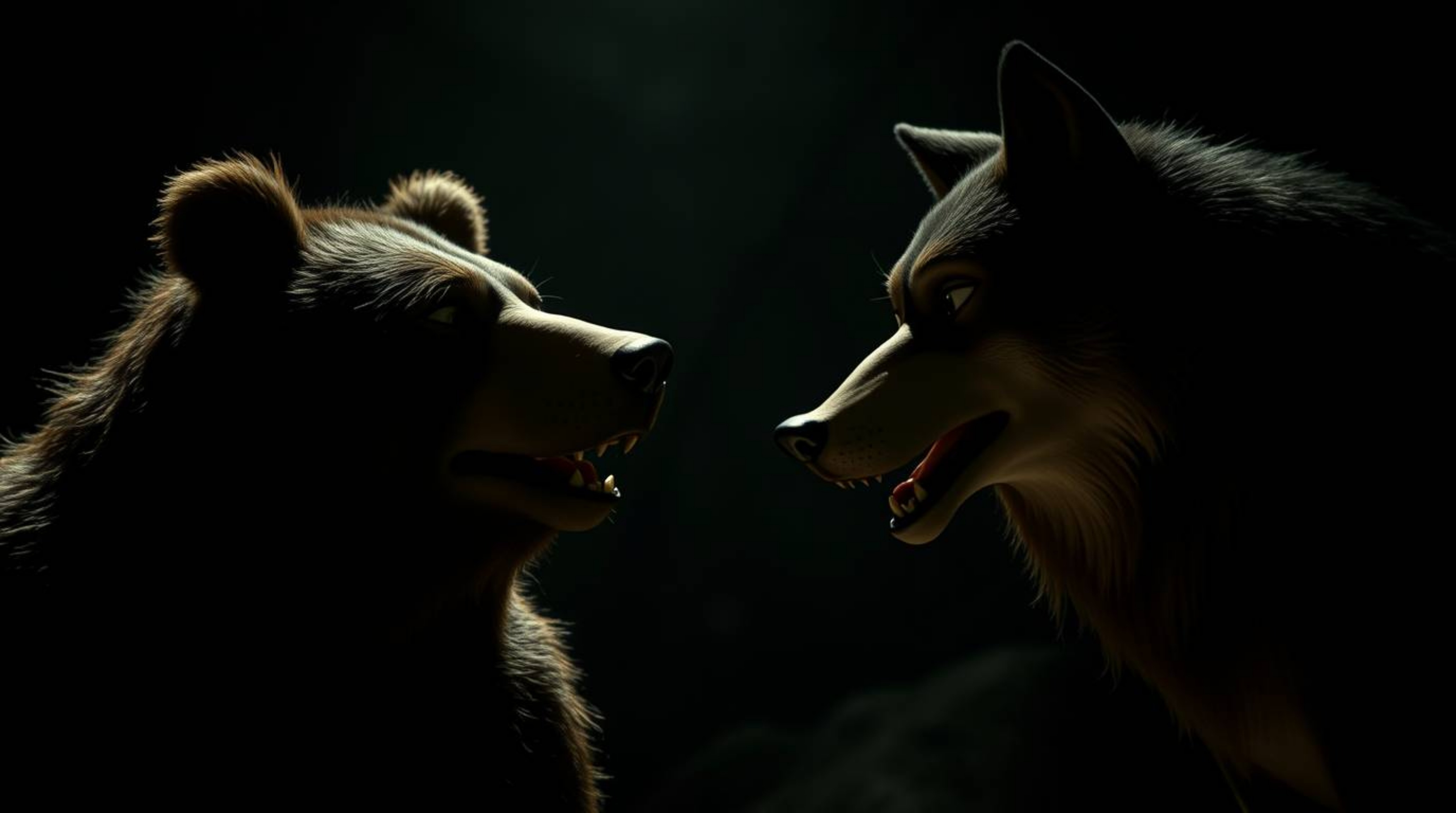 Dive into a captivating cinematic still featuring a mischievous bear and wolf duo.  Rendered in a dramatic, jet-black film no