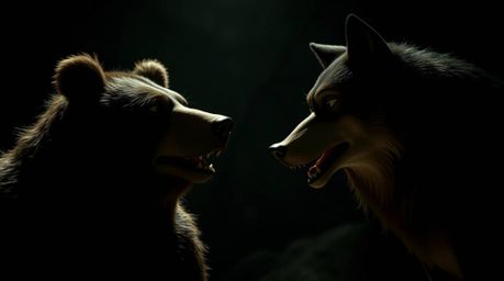 Dive into a captivating cinematic still featuring a mischievous bear and wolf duo.  Rendered in a dramatic, jet-black film no