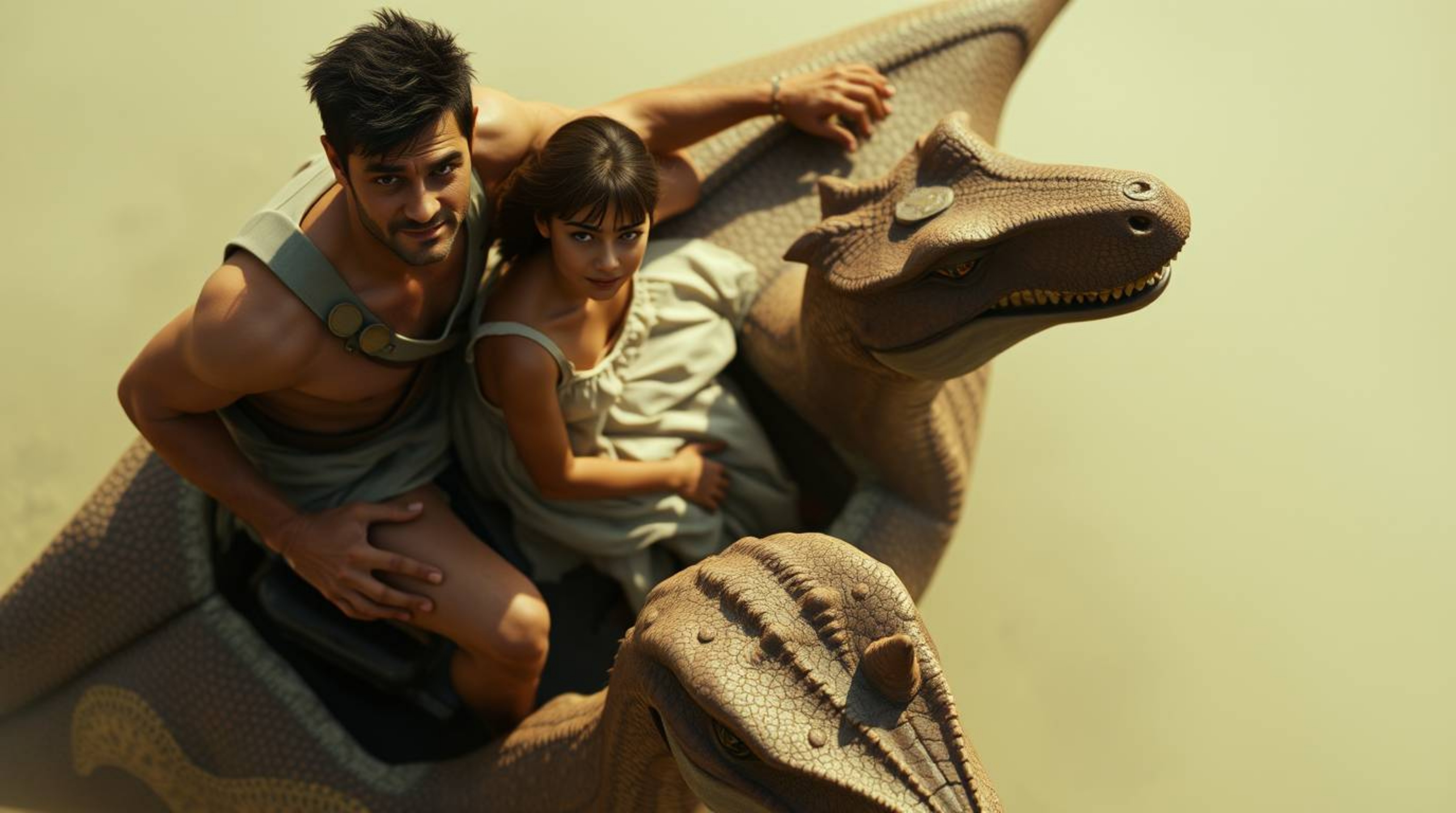 Experience a captivating cinematic overhead shot of a prehistoric family with reddish-brown skin enjoying a ride in a dinosau