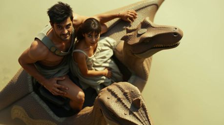 Experience a captivating cinematic overhead shot of a prehistoric family with reddish-brown skin enjoying a ride in a dinosau