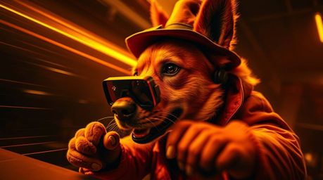 This dynamic image showcases a dog detective in action, equipped with high-tech gadgets and bathed in a warm golden glow. The