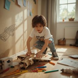 A captivating high-fashion photography series showcasing a young boy's boundless creativity as he meticulously designs and bu