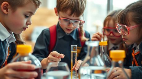 A captivating extreme macro photograph showcases quirky children in school uniforms engrossed in exciting science experiments