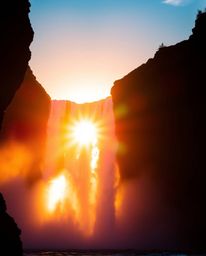A silhouetted image with bright vibrant colors, depicting a sun setting behind a dramatic waterfall. The light source is posi