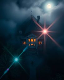 An overhead, bird's-eye perspective showcases a fog-enshrouded Victorian mansion bathed in moonlight, presented in a split-sc