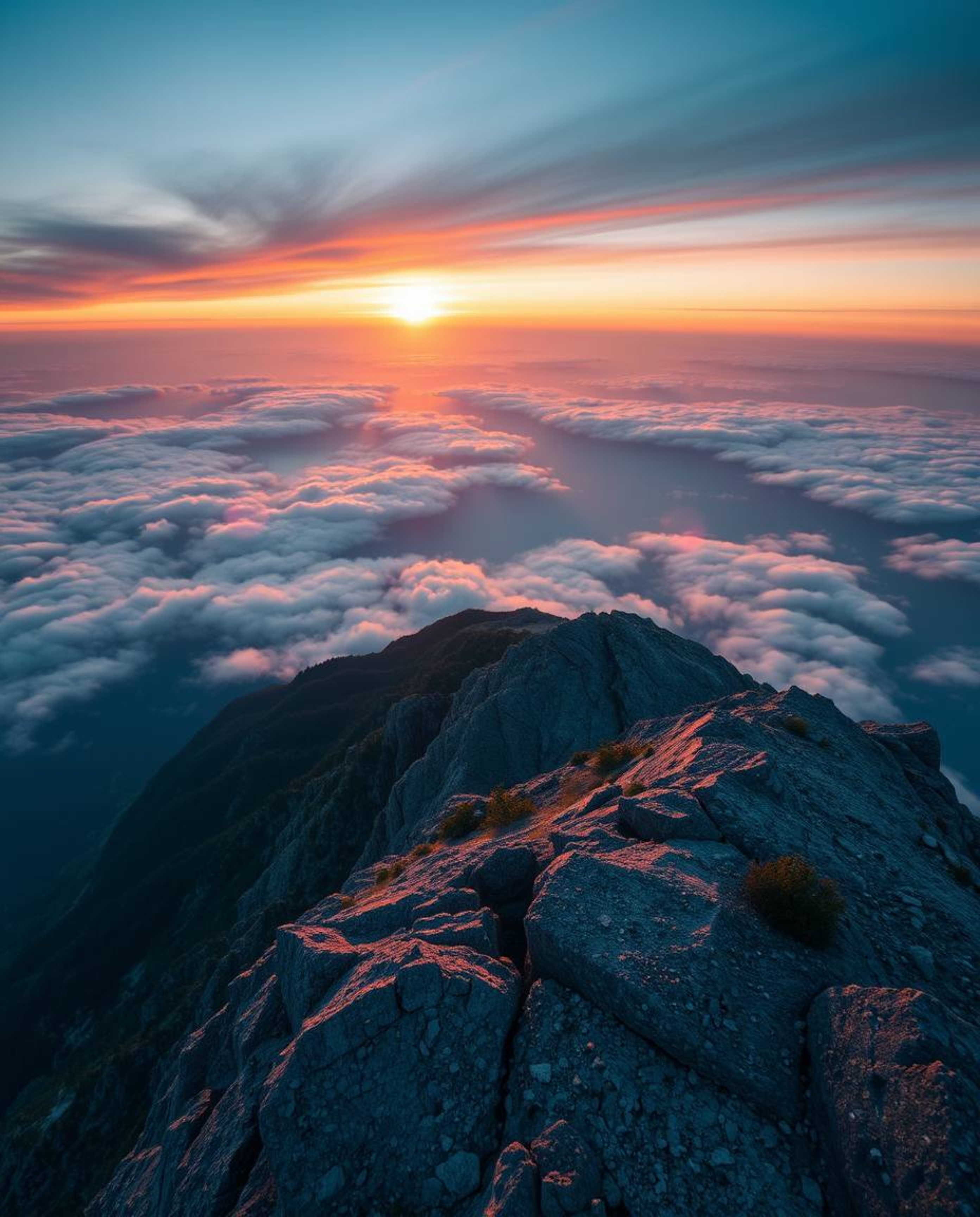 This artwork depicts a sunset from a high alpine peak, captured from a high-angle perspective that creates a truly dreamlike 