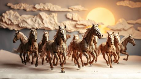 Discover stunning layered papier-mâché art depicting a herd of wild horses running under a vibrant, glowing sky.  This unique