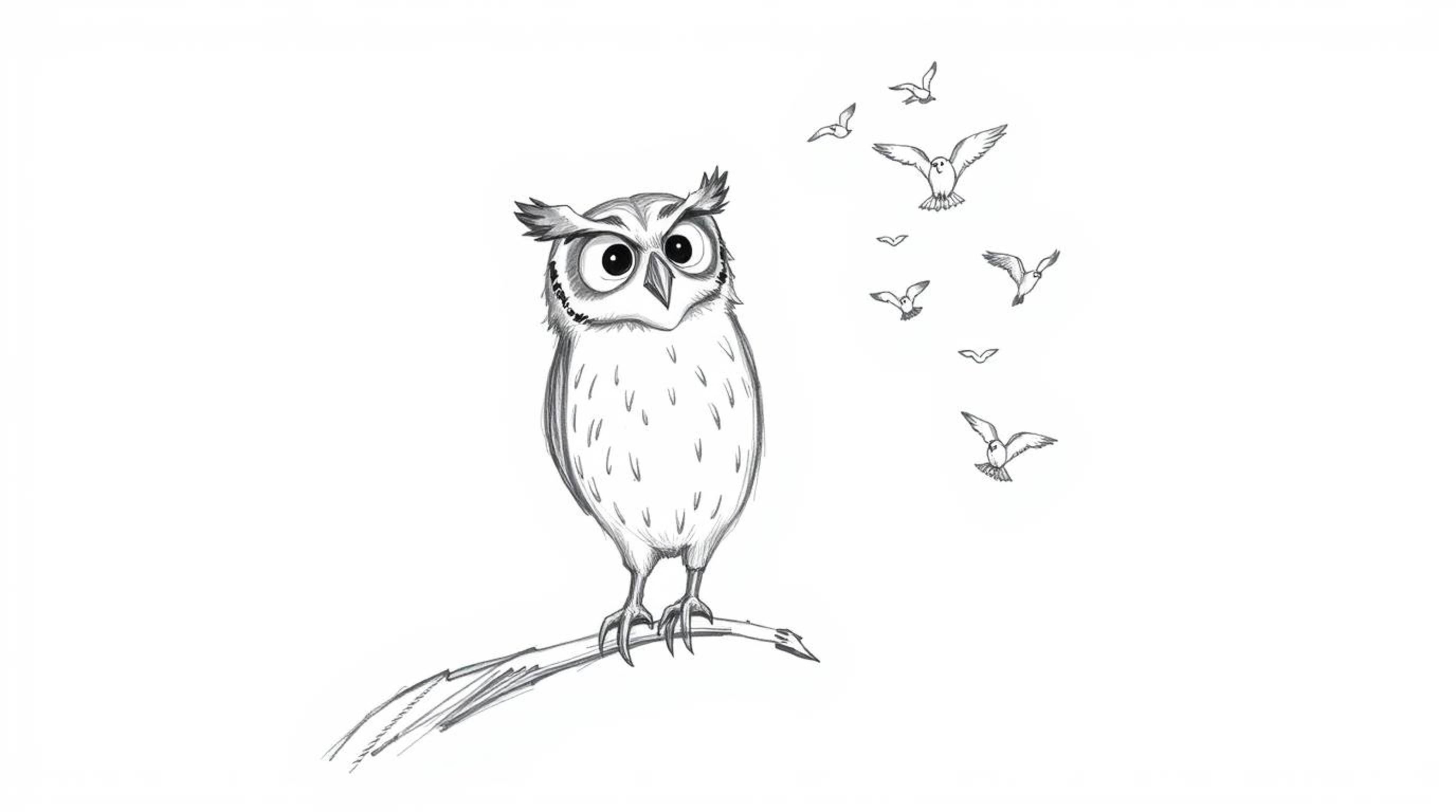 A heartwarming hand-drawn sketch in the Pixar style depicts a blind owl patiently teaching birds to fly.  The owl's gentle ap
