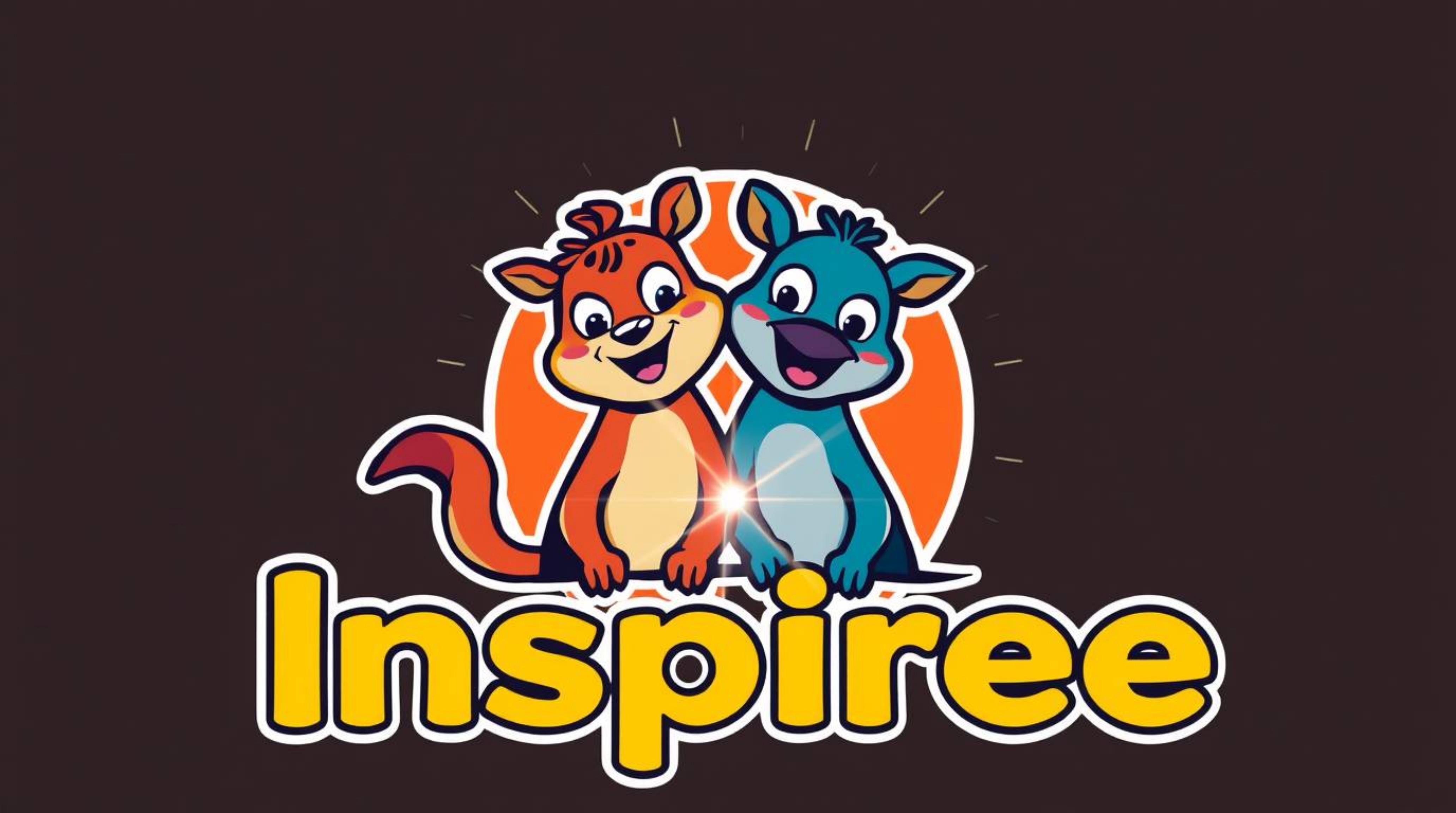 This logo design features a dynamic duo of talking animals in a playful and mischievous pose.  The bright lens flare, light s