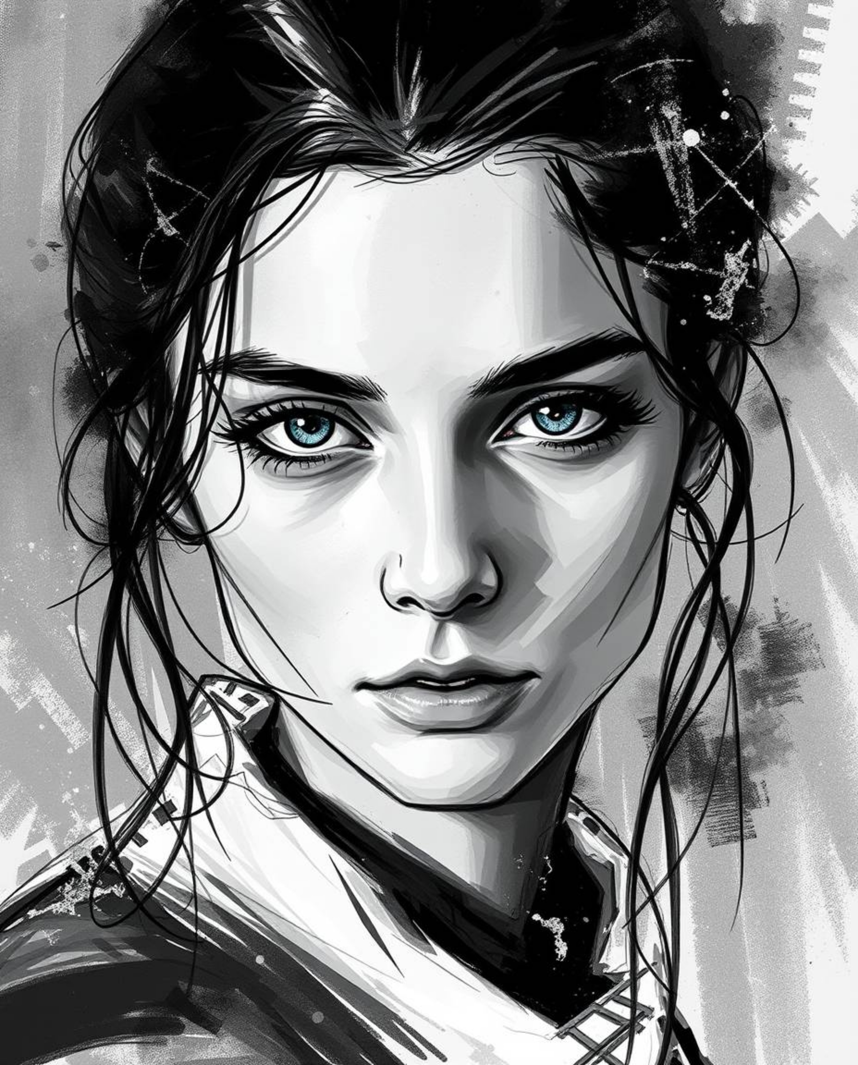 A captivating digital painting showcases a classic black and white portrait rendered in a pixelated, glitch art style.  Loose