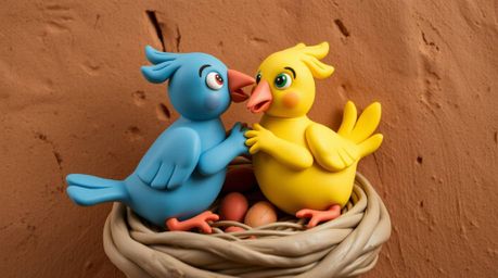A charming clay sculpture depicting two cartoon birds meticulously constructing a nest.  The piece is crafted in a classic an