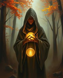 A captivating image depicting a cloaked figure within a misty autumnal forest, softly illuminated. The figure holds a glowing