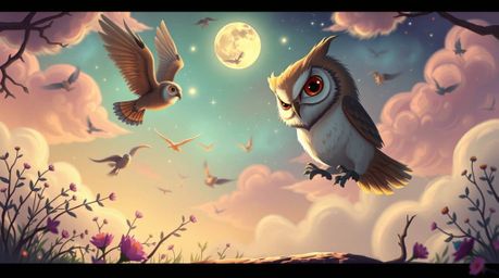 Experience a dreamlike surreal illustration in the style of Pixar, featuring a blind owl guiding birds on their first flights