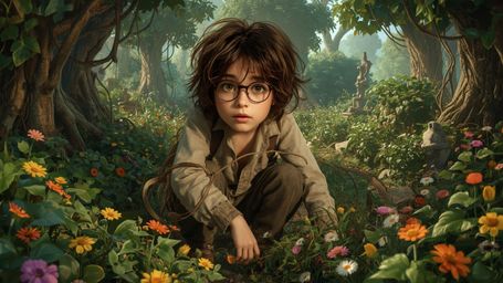 A highly detailed, high-resolution stock photo features a bespectacled, curious, and gentle-looking young person with messy b