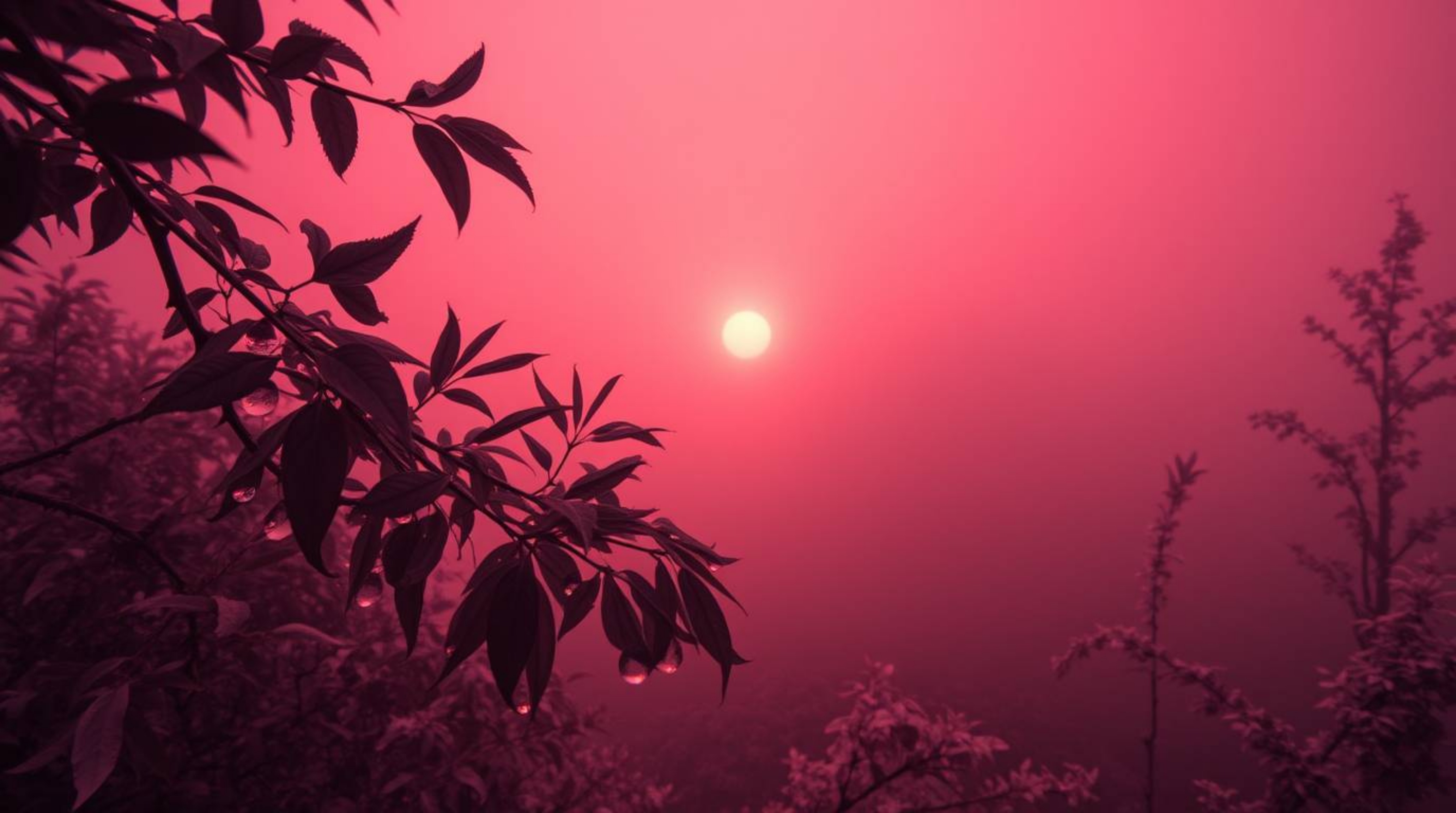 Immerse yourself in a surreal landscape captured in infrared tones, where thick fog blankets the surroundings and the setting
