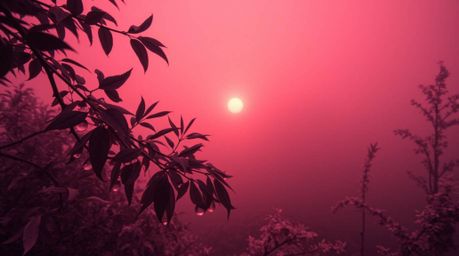 Immerse yourself in a surreal landscape captured in infrared tones, where thick fog blankets the surroundings and the setting