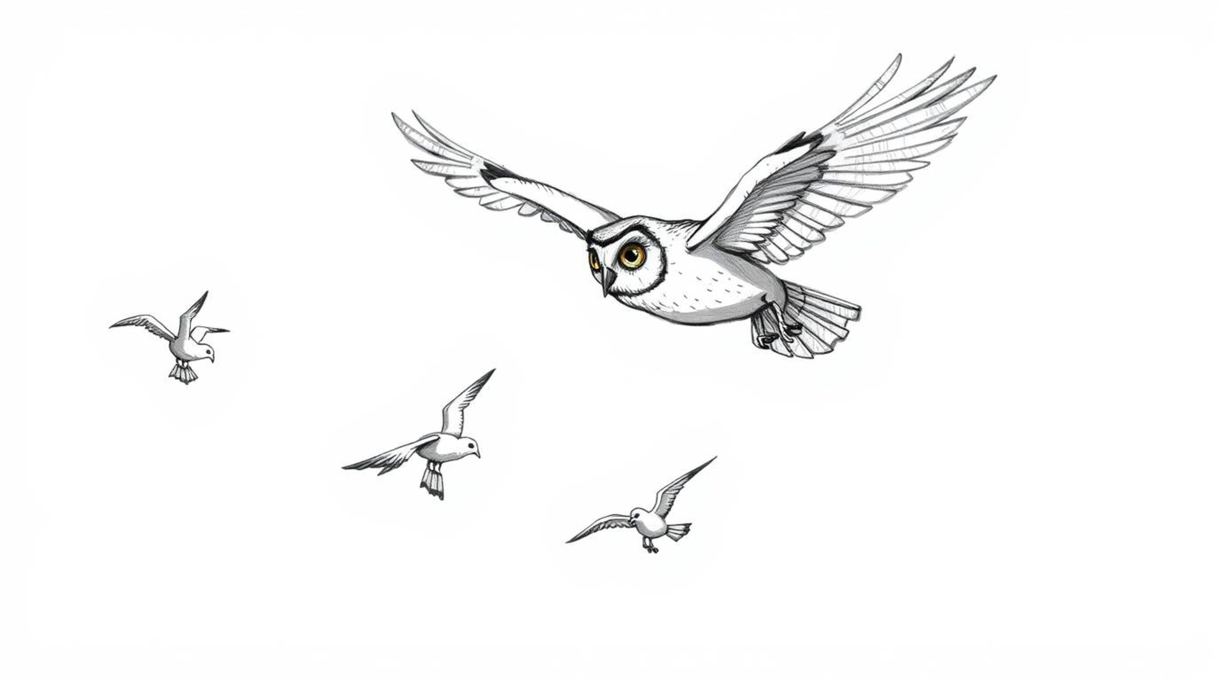 A charming, Pixar-inspired hand-drawn sketch showcasing a blind owl in mid-flight, generously sharing its wisdom by teaching 