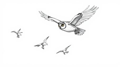 A charming, Pixar-inspired hand-drawn sketch showcasing a blind owl in mid-flight, generously sharing its wisdom by teaching 
