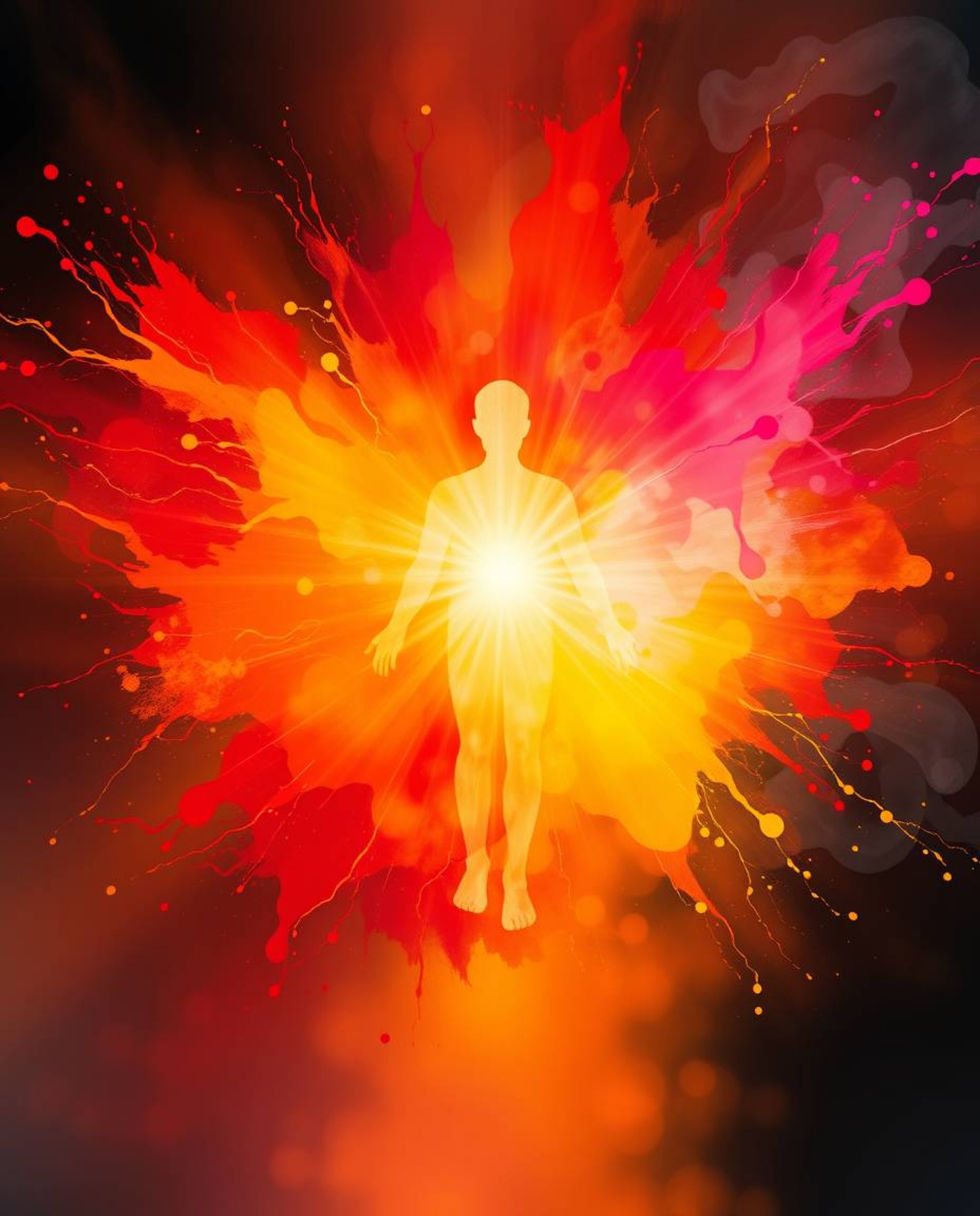 This stunning modern art piece captures a warm, ethereal, and spiritual vibe with vibrant splash patterns that form a human s