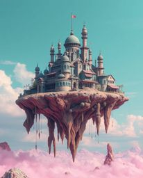 Explore a surreal floating island featuring unique and strange architecture, vividly depicted in vibrant complementary colors