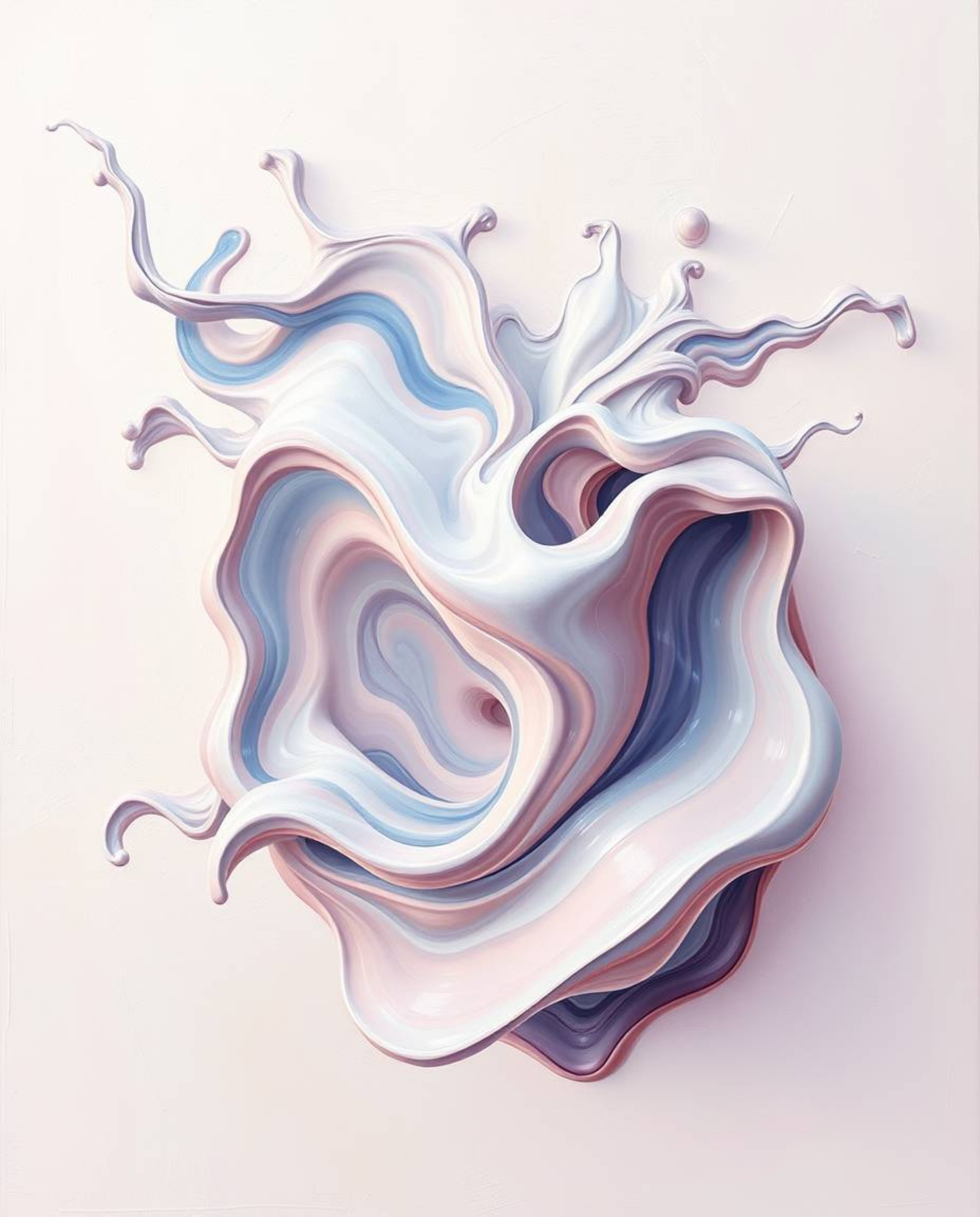 This artwork showcases a classic oil painting style with dynamic abstract 3D liquid forms in motion. Featuring a palette of p