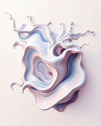 This artwork showcases a classic oil painting style with dynamic abstract 3D liquid forms in motion. Featuring a palette of p