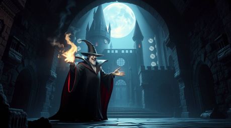 A captivating sci-fi reimagining of a classic Disney villain casting a spell within the aged walls of a castle, illuminated b