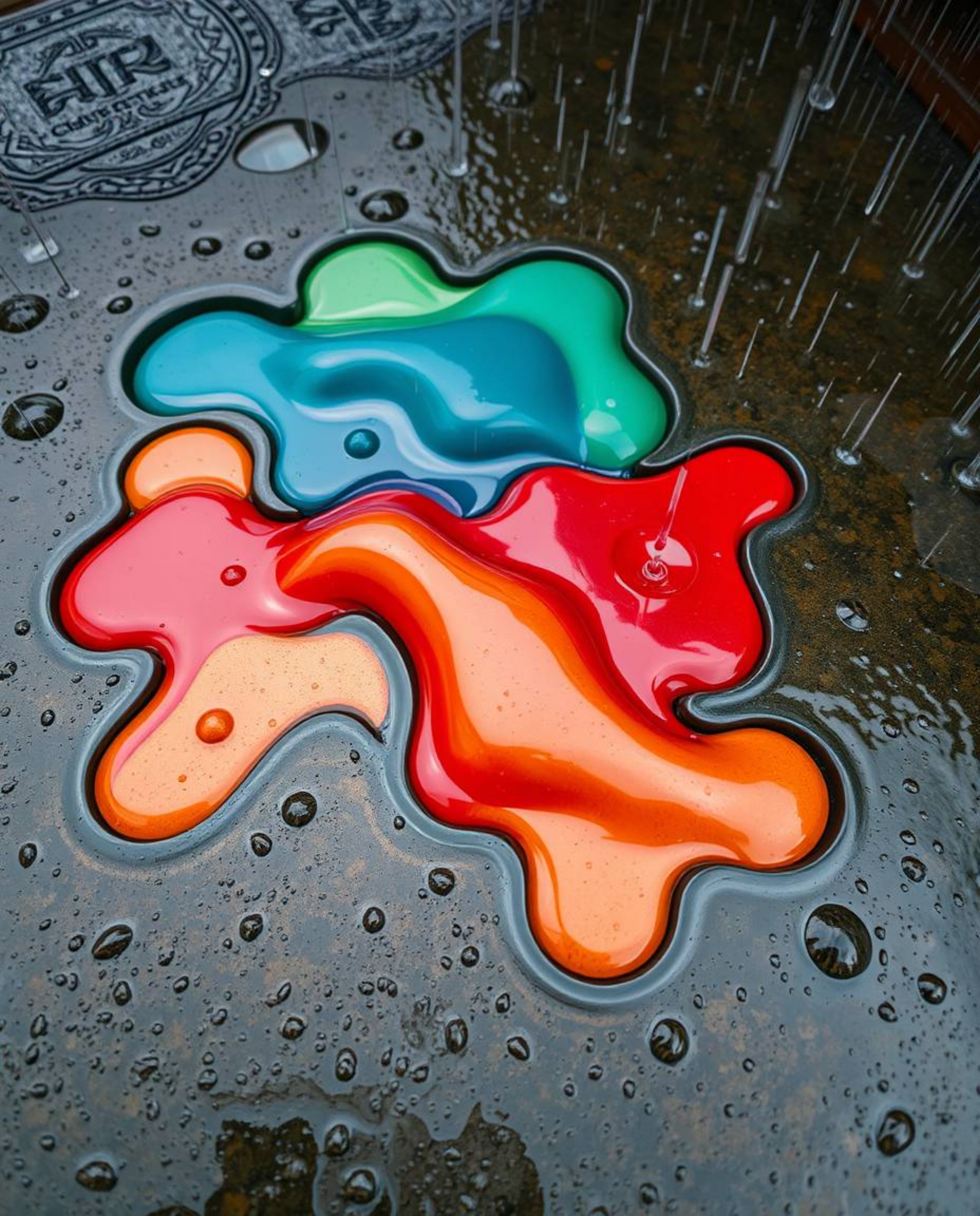 A captivating high-angle perspective showcasing a wet, rainy scene where vibrant, 3D fluid shapes playfully interact with str