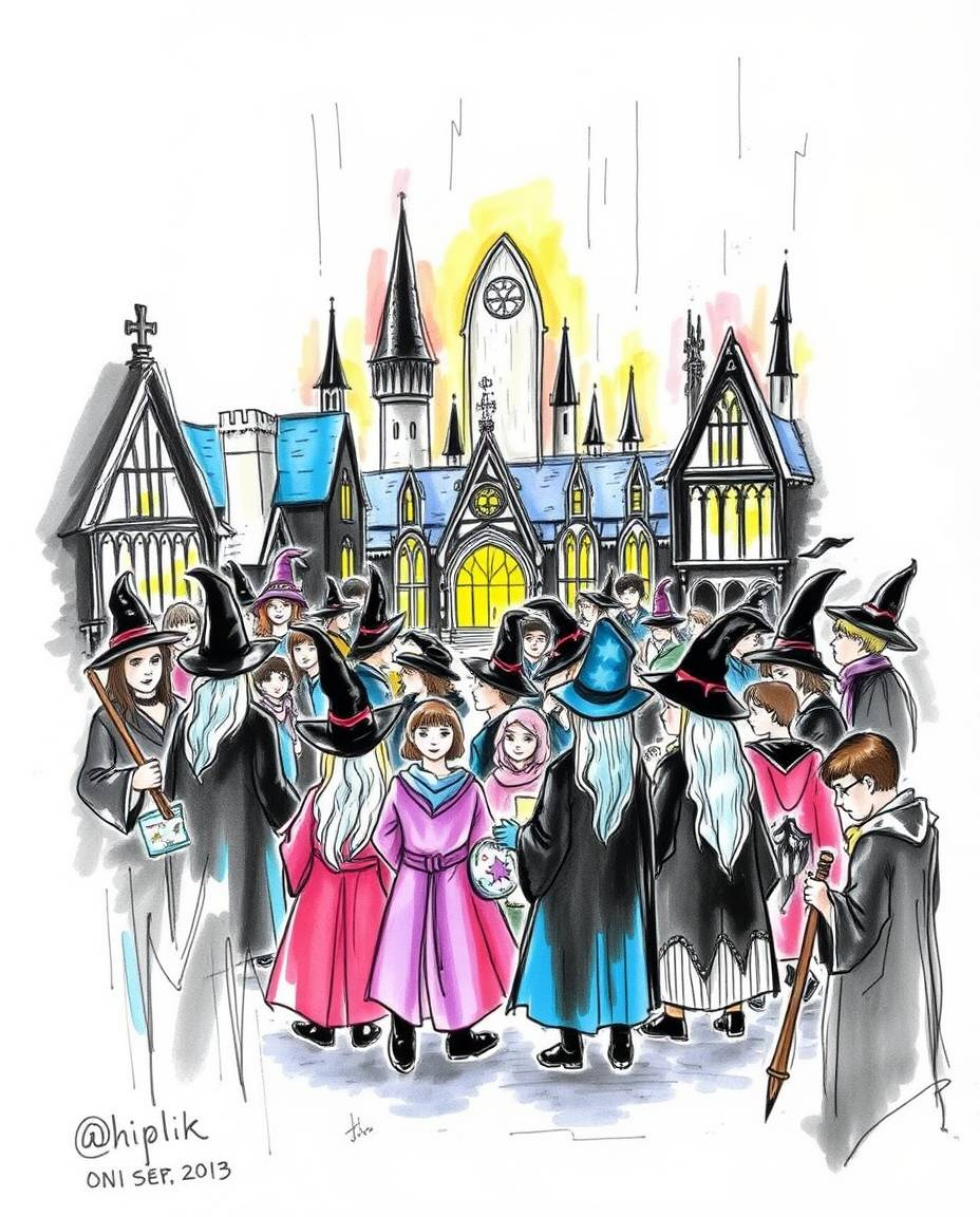 Explore a captivating hand-drawn sketch of a magical school teeming with young wizards, brought to life with intense black in