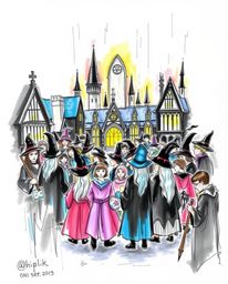 Explore a captivating hand-drawn sketch of a magical school teeming with young wizards, brought to life with intense black in