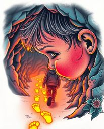 Explore a captivating close-up tattoo-style art print featuring a child following a mystical trail of glowing footprints into
