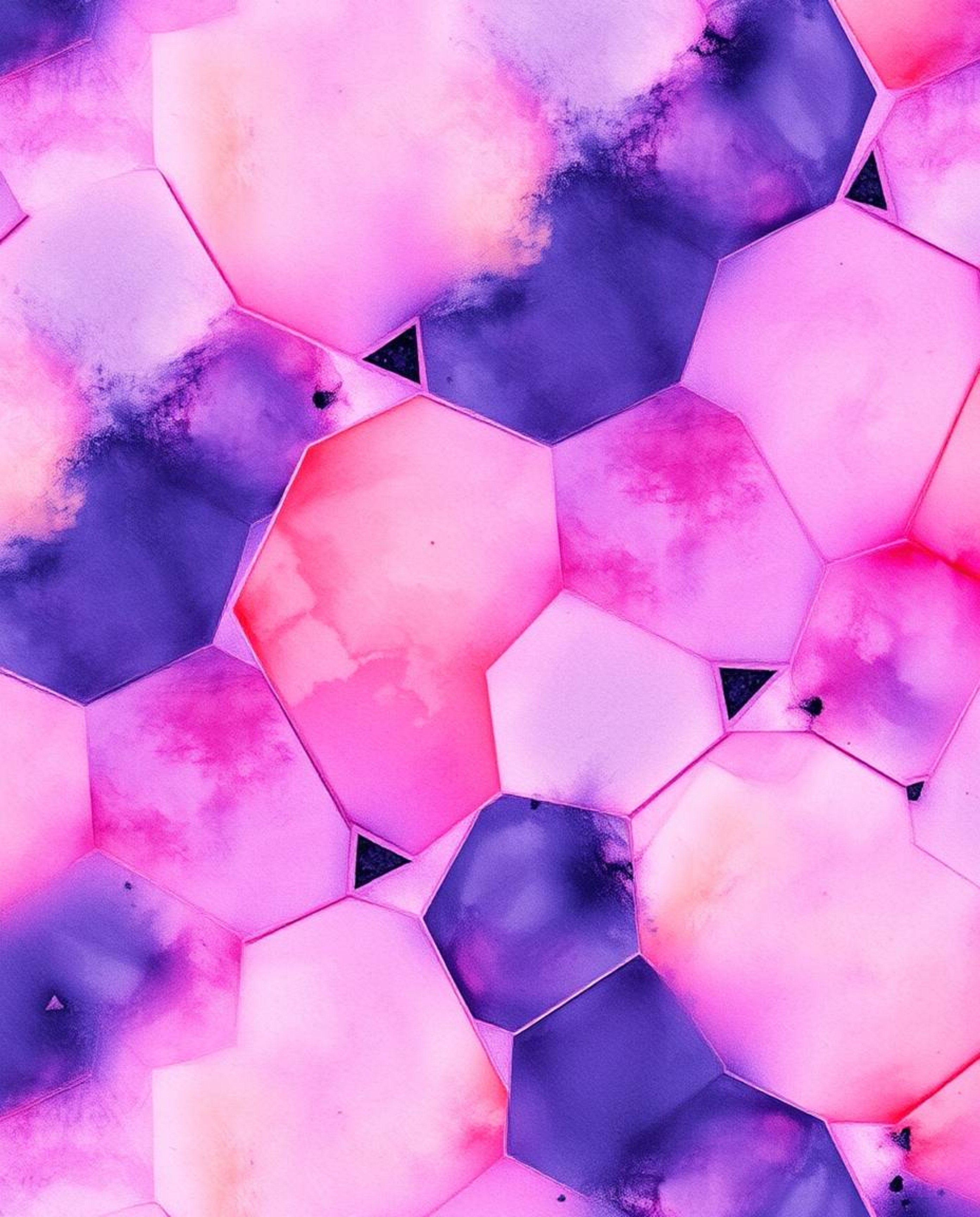 Explore a captivating watercolor painting showcasing a seamless geometric pattern of hexagons and triangles, illuminated with