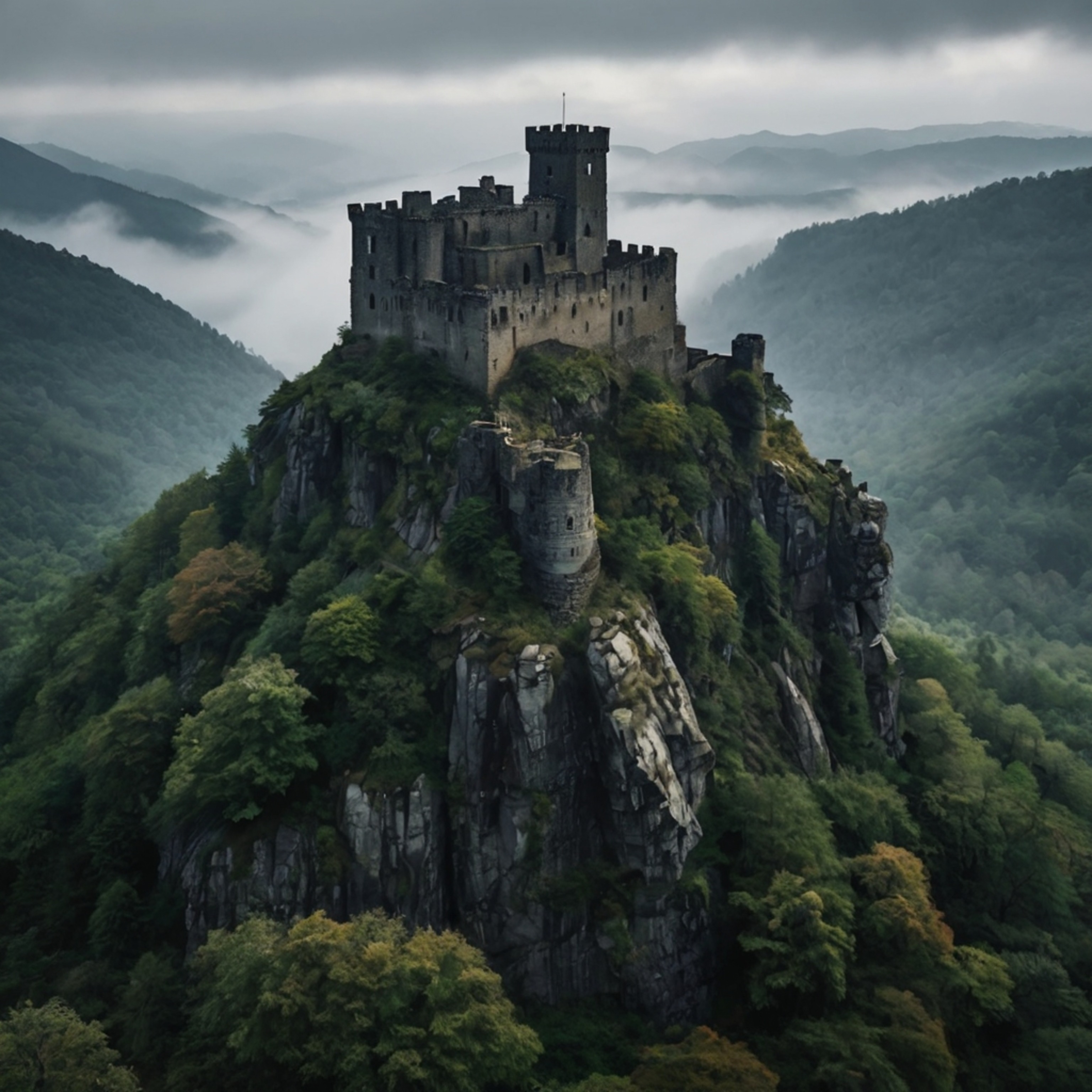 Discover an ancient stone castle dramatically perched atop a rugged cliff, its imposing structure overlooking misty mountains