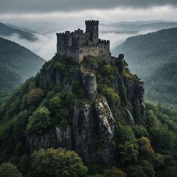 Discover an ancient stone castle dramatically perched atop a rugged cliff, its imposing structure overlooking misty mountains