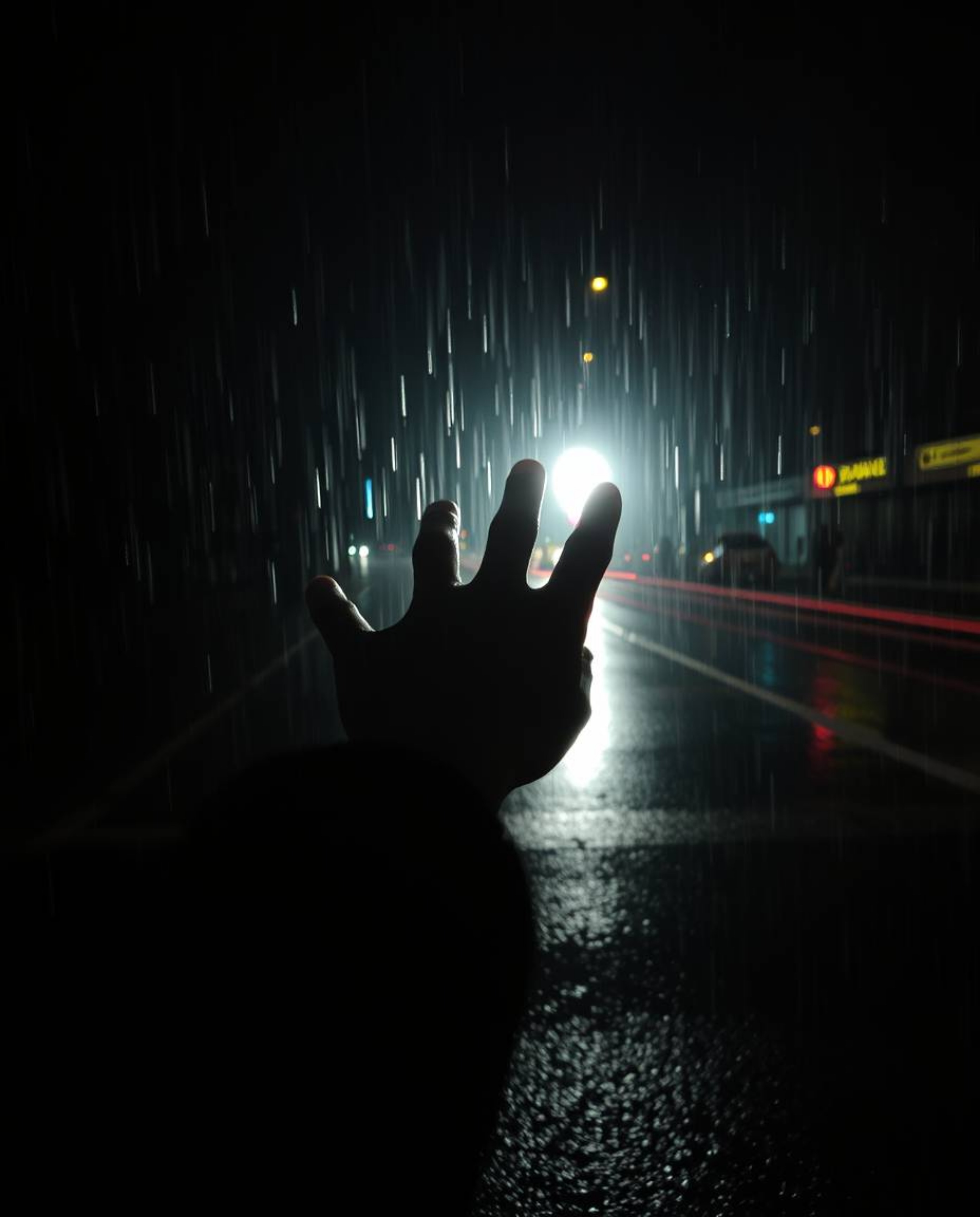 A captivating image depicting a hand emerging from darkness towards a source of light in a rainy setting.  The scene features