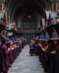 Discover a captivating image of a magical school brimming with young wizards. The scene is rendered with a stunning bronze t