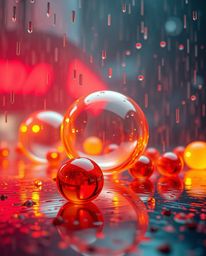 Experience a warm and wet rainy scene showcasing glassy, fluid 3D shapes in constant motion, beautifully surrounded by glowin