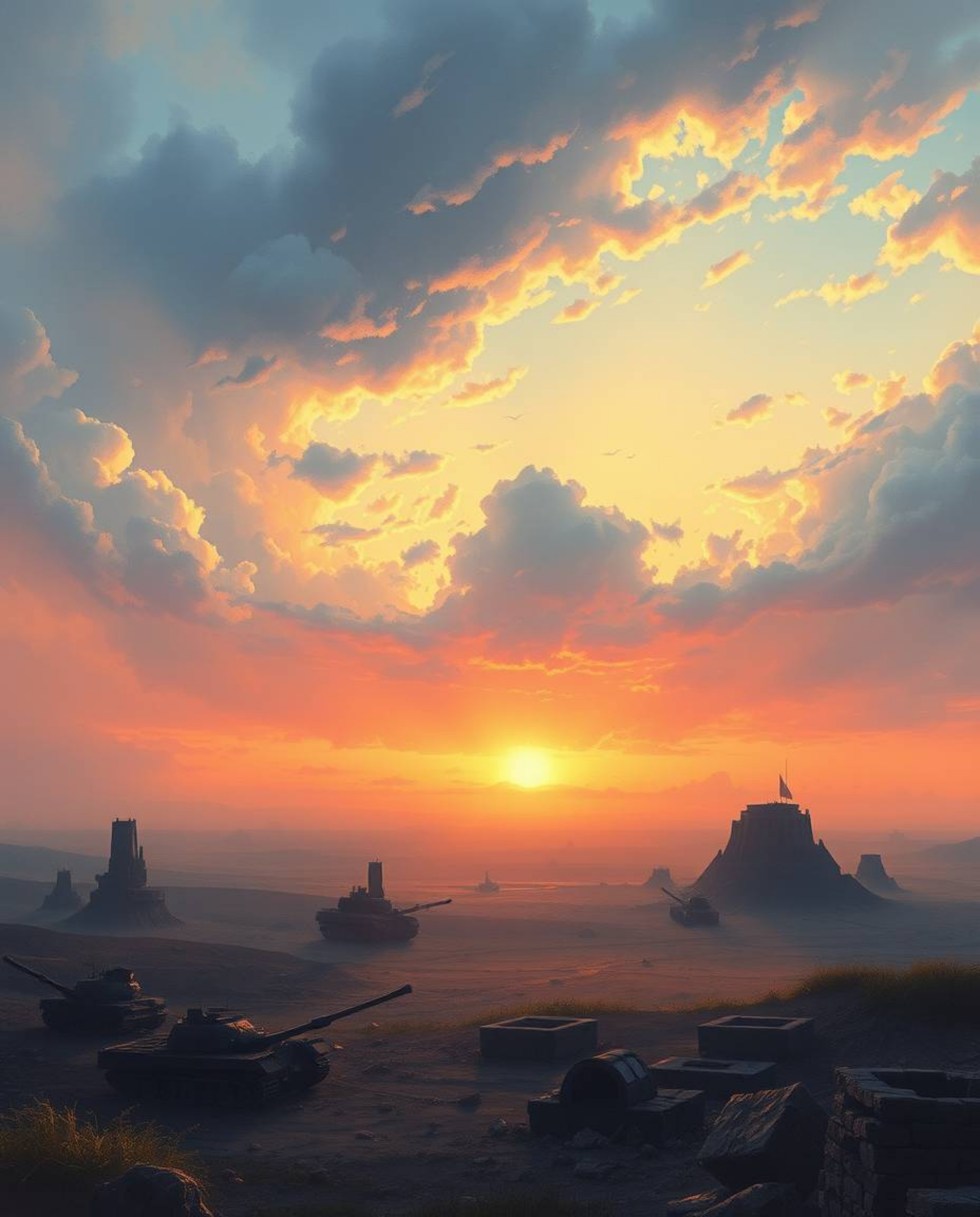 A captivating artwork depicts a serene sunrise over a war-torn landscape, rendered in soft pastel hues.  The gentle colors co
