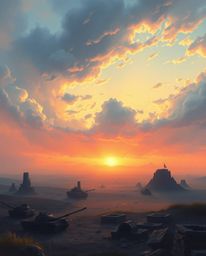 A captivating artwork depicts a serene sunrise over a war-torn landscape, rendered in soft pastel hues.  The gentle colors co
