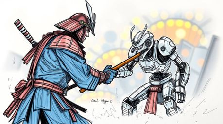 A vibrant hand-drawn sketchnote depicts a thrilling battle between a samurai and a robot in a dystopian setting.  The image u