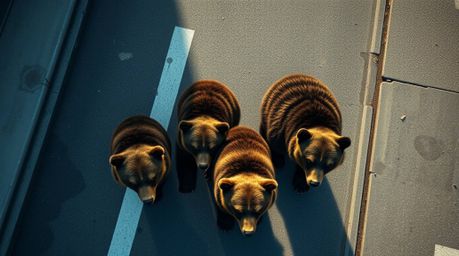 Experience a breathtaking, overhead view of a bear family embarking on an exciting urban adventure. Rendered with stunning ir