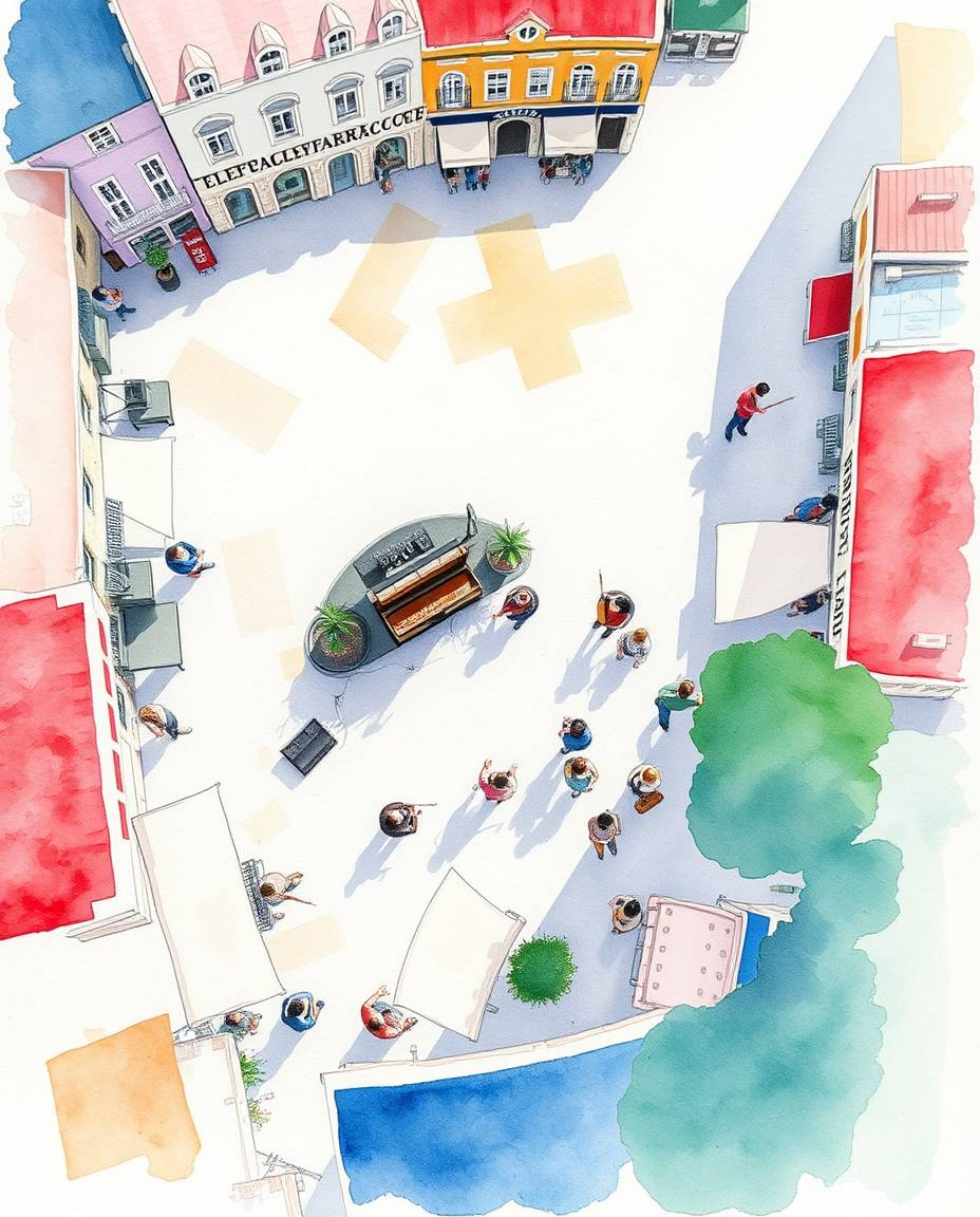 Experience the joy of a musical number brought to life in a delicate watercolor painting. This overhead, bird's eye view capt