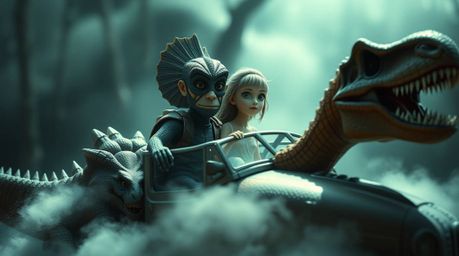 Embark on a bizarre and surreal journey with a prehistoric family riding a dinosaur car.  This fantastical scene, bathed in s