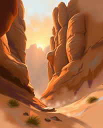 A dynamic digital sketch in soft pastel colors depicts sandstone cliffs illuminated by sunset in a canyon. The artist uses lo