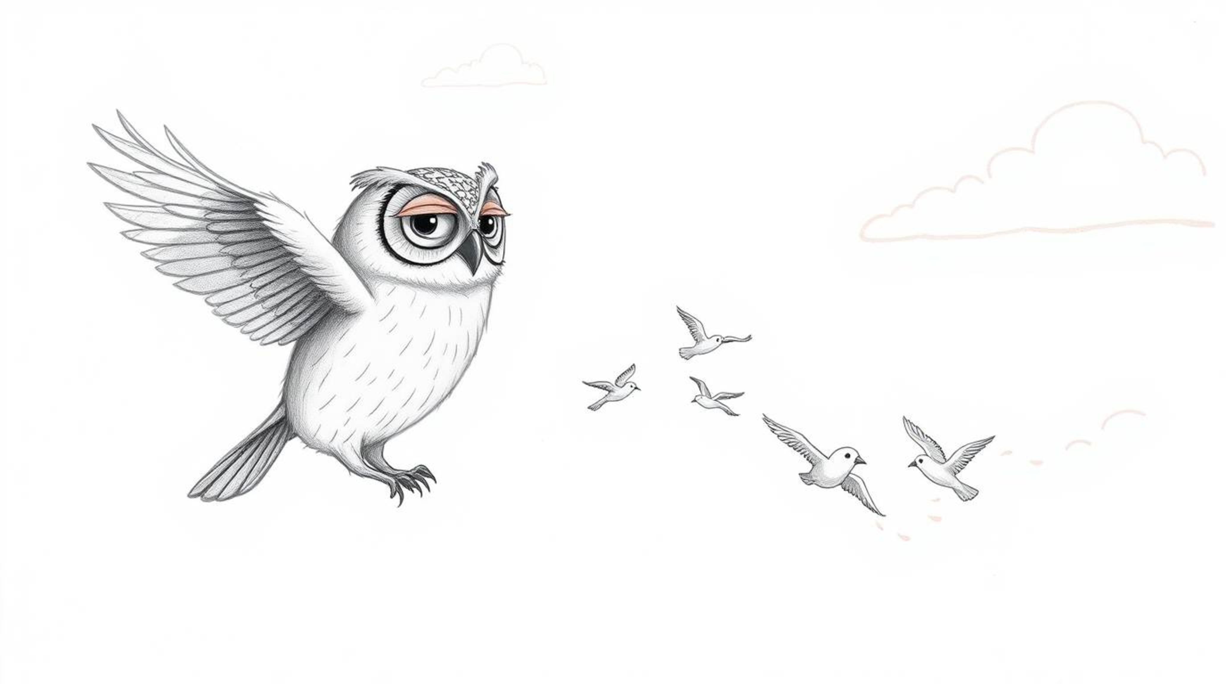 A heartwarming hand-drawn sketch showcases a blind owl, reminiscent of Pixar's enchanting style, compassionately guiding a fl