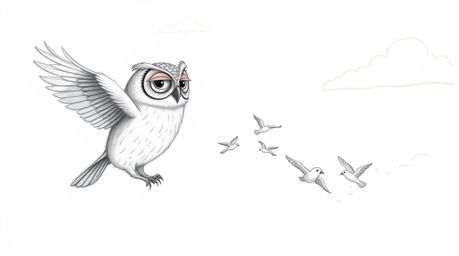 A heartwarming hand-drawn sketch showcases a blind owl, reminiscent of Pixar's enchanting style, compassionately guiding a fl